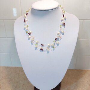 Vintage Illusion floating necklace with pearls amethyst and peridot beads silver